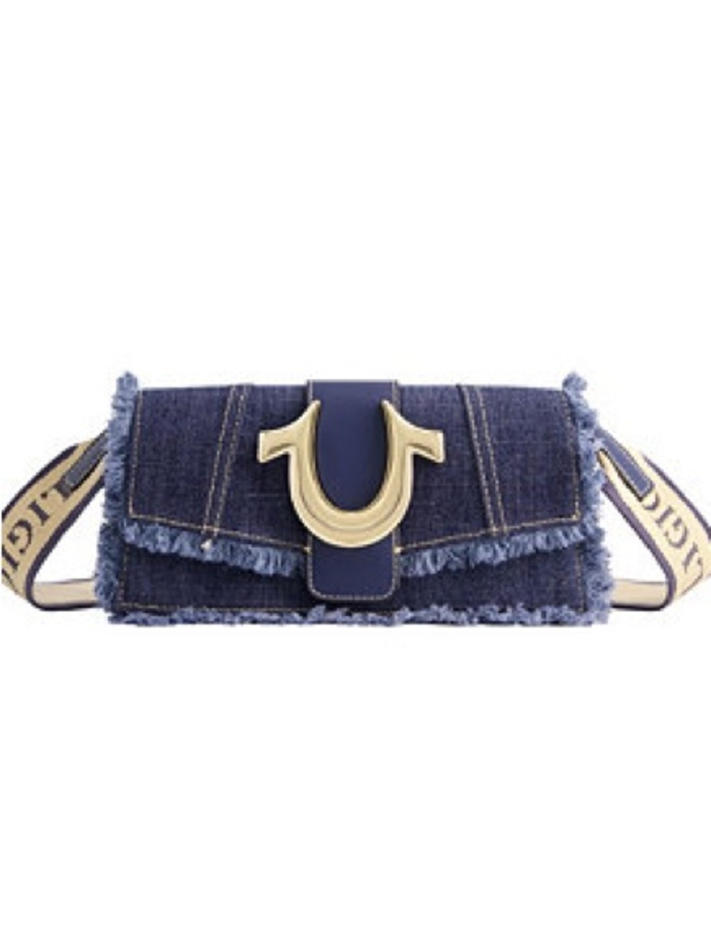 True Religion Frayed Denim Flap Bag with Logo Strap